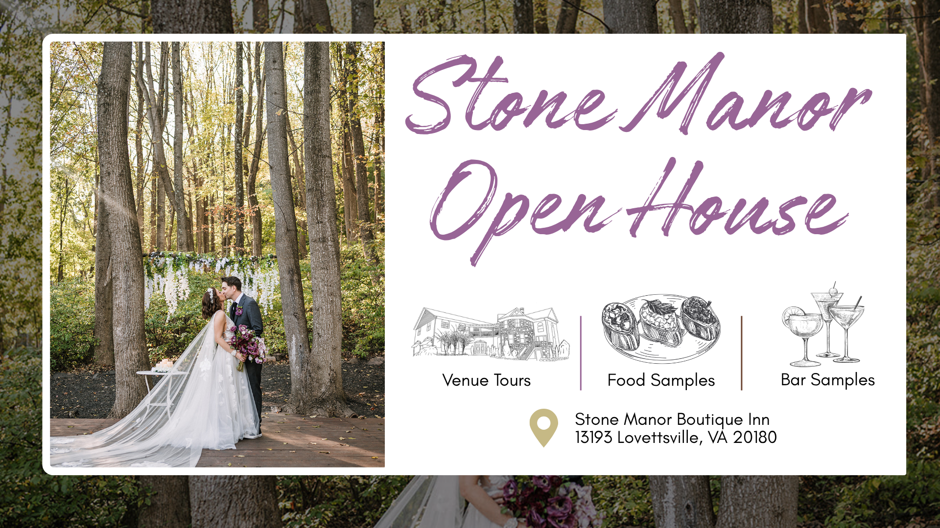 Graphic with a whimsical bride and groom with a scenic forested background promoting an open house for Stone Manor Boutique Inn on Aug. 30th